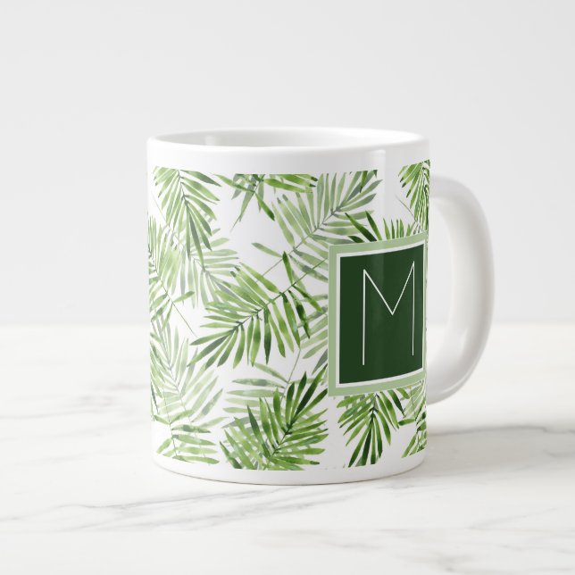 Green Palm Leaves | Monogram Large Coffee Mug (Front Right)