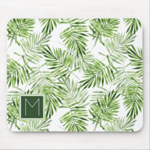 Green Palm Leaves Monogram Mouse Pad