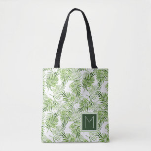 Green Palm Leaves   Monogram Tote Bag