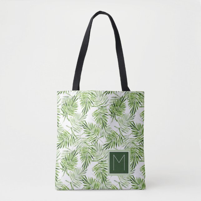 Green Palm Leaves | Monogram Tote Bag (Front)