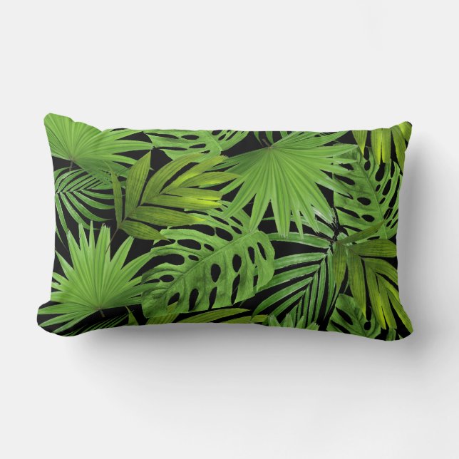 Green Palm Leaves on Black Lumbar Cushion (Front)