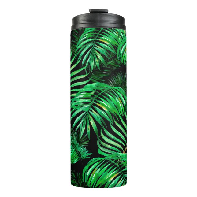 Green palm leaves pattern thermal tumbler (Front)
