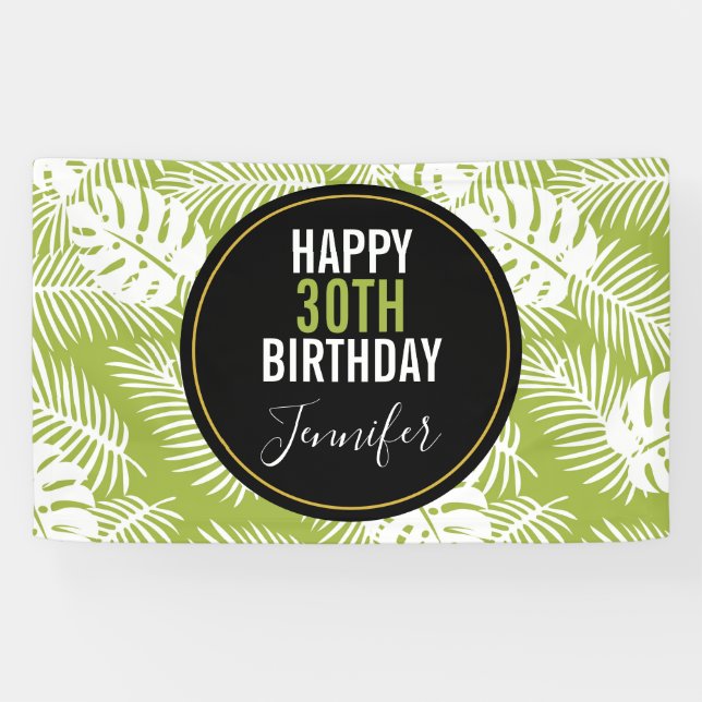 Green Palm Leaves Rainforest Pattern Birthday Banner (Horizontal)