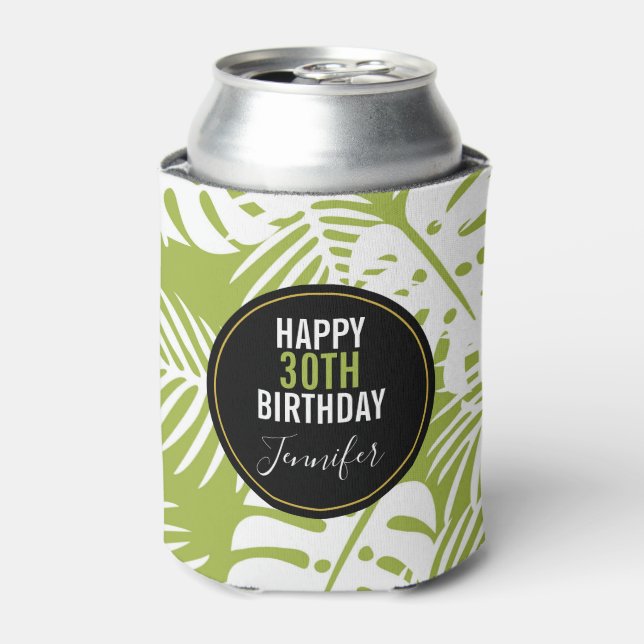 Green Palm Leaves Rainforest Pattern Birthday Can Cooler (Can Front)
