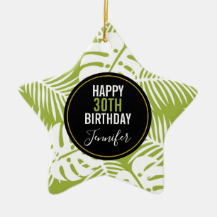 Green Palm Leaves Rainforest Pattern Birthday Ceramic Ornament