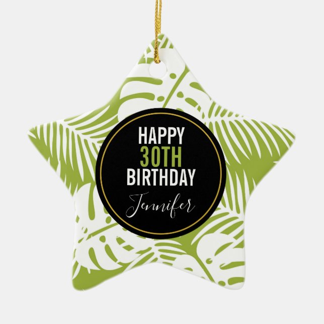 Green Palm Leaves Rainforest Pattern Birthday Ceramic Ornament (Front)