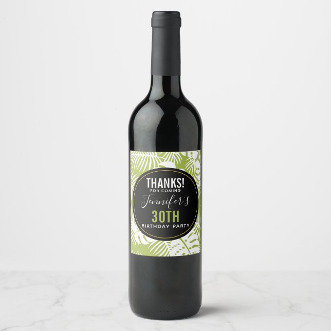 Green Palm Leaves Rainforest Pattern Birthday Wine Label (Front)