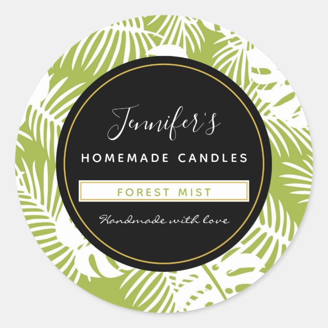Green Palm Leaves Rainforest Pattern Candle / Soap Classic Round Sticker (Front)
