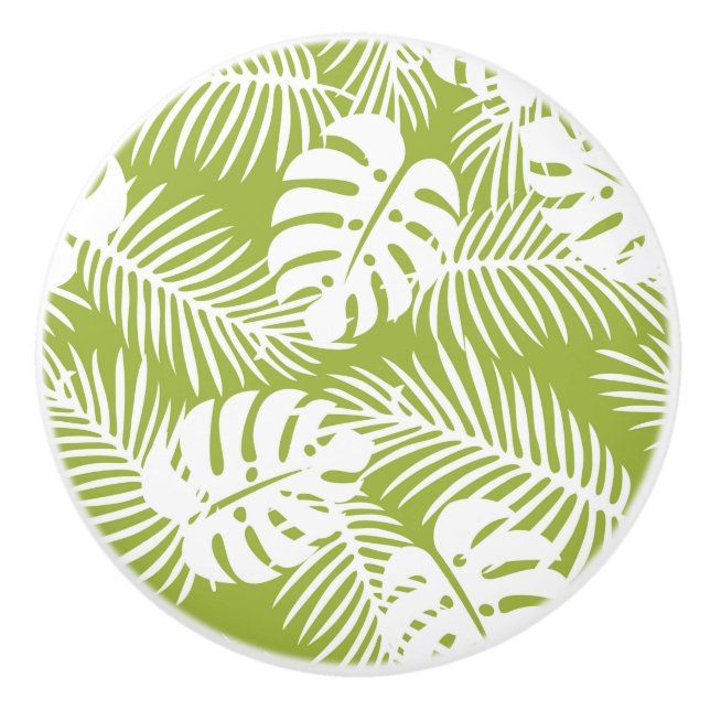 Green Palm Leaves Rainforest Pattern Ceramic Knob (Front)