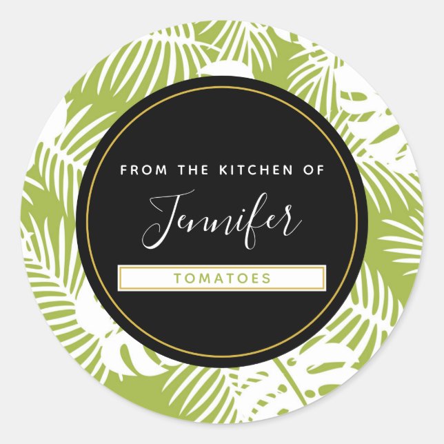 Green Palm Leaves Rainforest Pattern Kitchen Classic Round Sticker (Front)