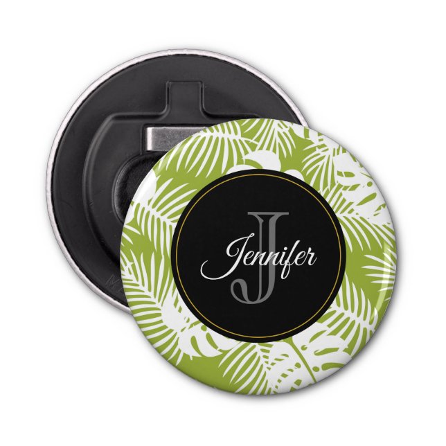 Green Palm Leaves Rainforest Pattern Monogram Bottle Opener (Front)