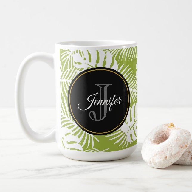 Green Palm Leaves Rainforest Pattern Monogram Coffee Mug (With Donut)