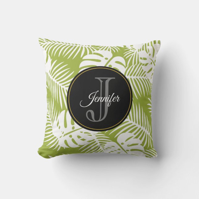 Green Palm Leaves Rainforest Pattern Monogram Cushion (Front)
