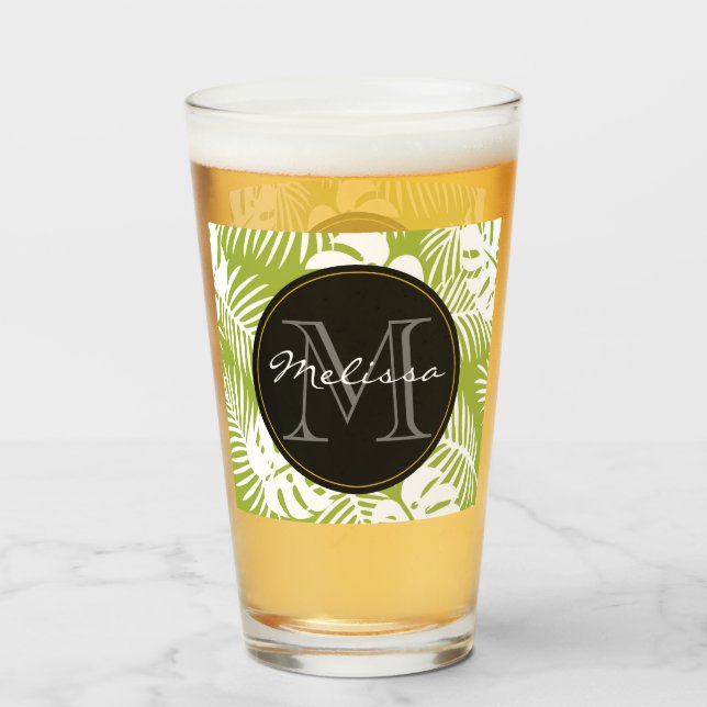 Green Palm Leaves Rainforest Pattern Monogram Glass (Front Filled)