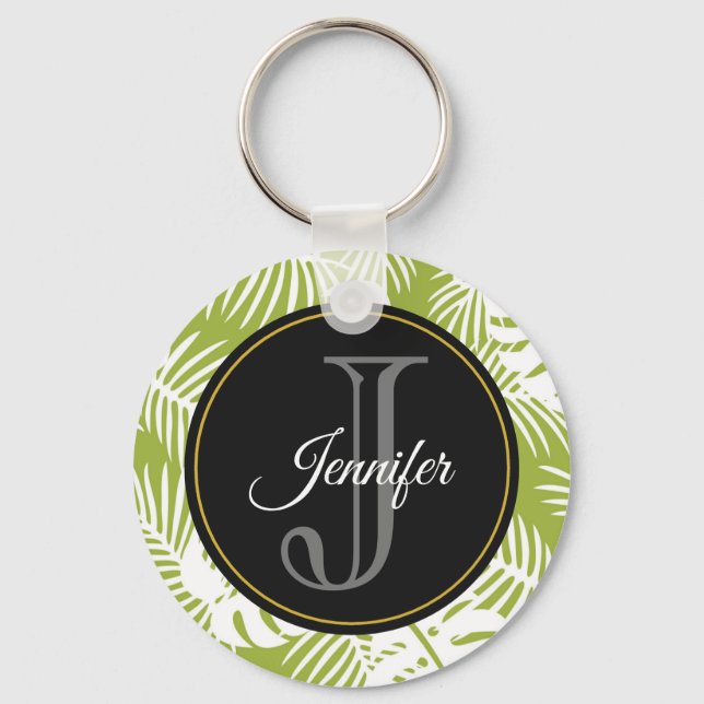 Green Palm Leaves Rainforest Pattern Monogram Key Ring (Front)