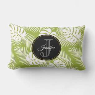 Green Palm Leaves Rainforest Pattern Monogram Lumbar Cushion