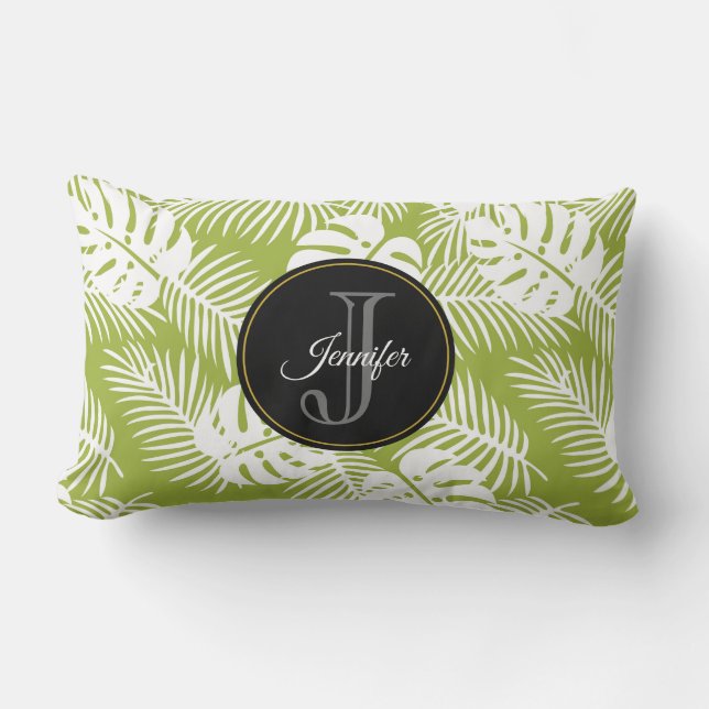 Green Palm Leaves Rainforest Pattern Monogram Lumbar Cushion (Front)