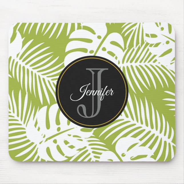 Green Palm Leaves Rainforest Pattern Monogram Mouse Pad (Front)