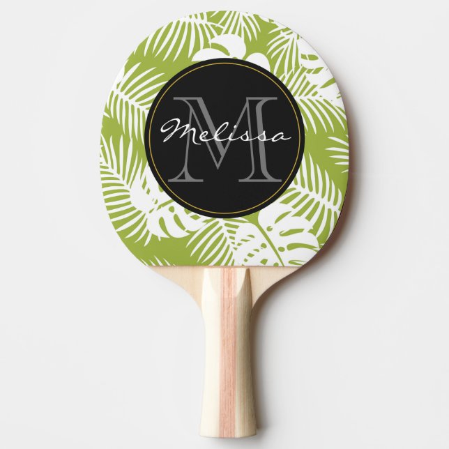 Green Palm Leaves Rainforest Pattern Monogram Ping Pong Paddle (Front)