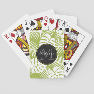 Green Palm Leaves Rainforest Pattern Monogram Playing Cards