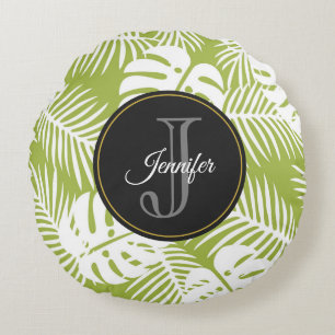 Green Palm Leaves Rainforest Pattern Monogram Round Cushion