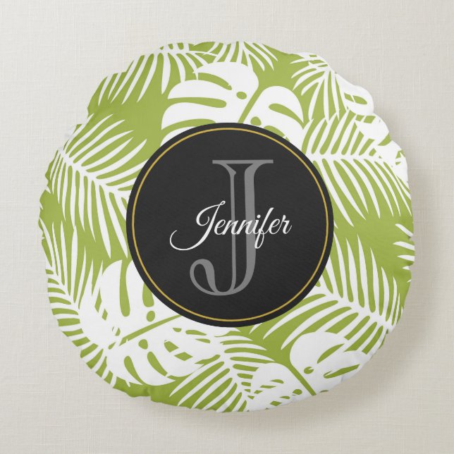 Green Palm Leaves Rainforest Pattern Monogram Round Cushion (Front)
