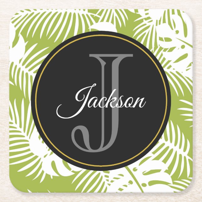 Green Palm Leaves Rainforest Pattern Monogram Square Paper Coaster (Front)