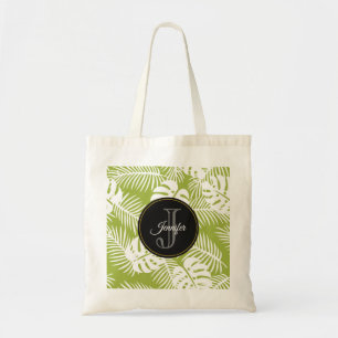 Green Palm Leaves Rainforest Pattern Monogram Tote Bag