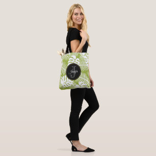 Green Palm Leaves Rainforest Pattern Monogram Tote Bag
