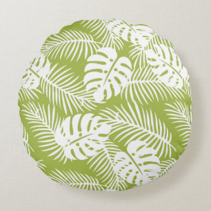 Green Palm Leaves Rainforest Pattern Round Cushion