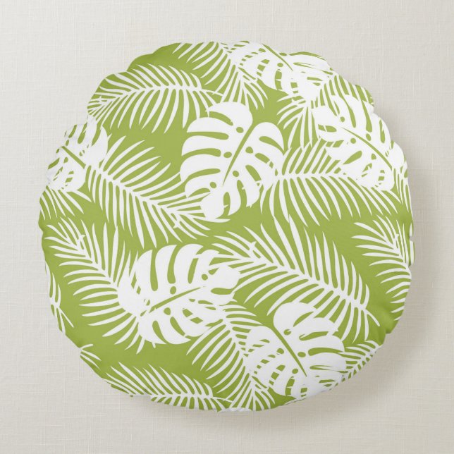 Green Palm Leaves Rainforest Pattern Round Cushion (Front)