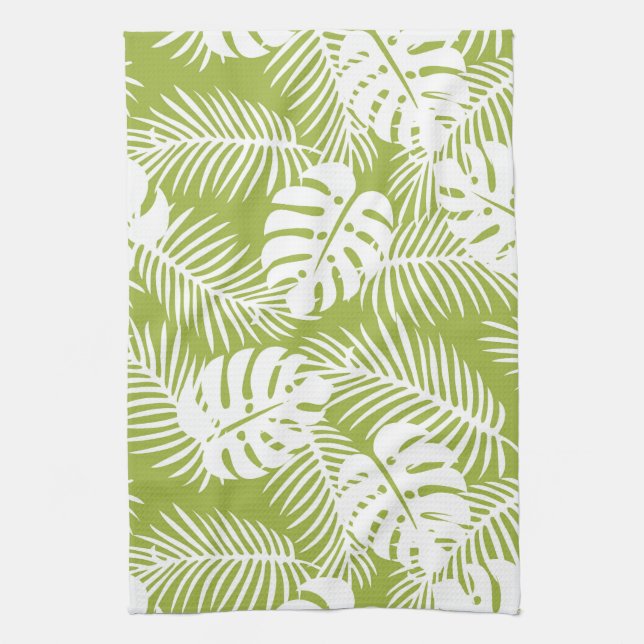 Green Palm Leaves Rainforest Pattern Tea Towel (Vertical)