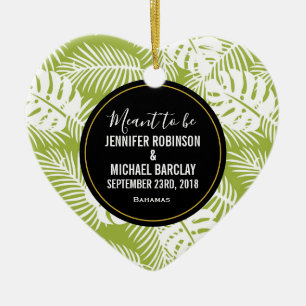 Green Palm Leaves Rainforest Pattern Wedding Ceramic Ornament