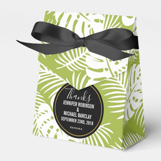 Green Palm Leaves Rainforest Pattern Wedding Favour Box (Front Side)