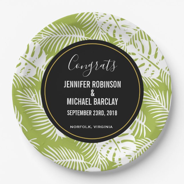 Green Palm Leaves Rainforest Pattern Wedding Paper Plate (Front)