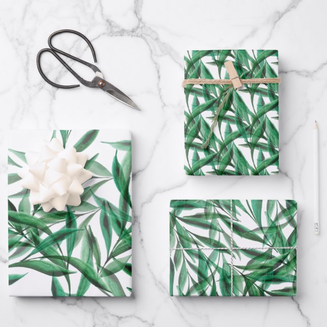 Green Palm Leaves Transparent Watercolor Wrapping Paper Sheet (Front)