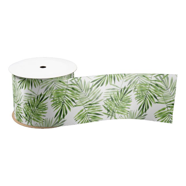 Green palm leaves. Watercolor pattern Satin Ribbon (Spool)