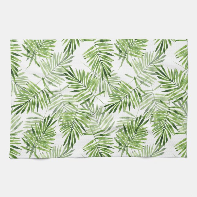 Green palm leaves. Watercolor pattern Tea Towel (Horizontal)