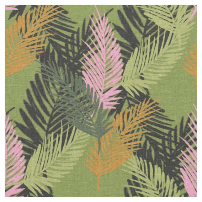 Green Palm Leaves with Mustard and Pink Highlights Fabric (Close Up)
