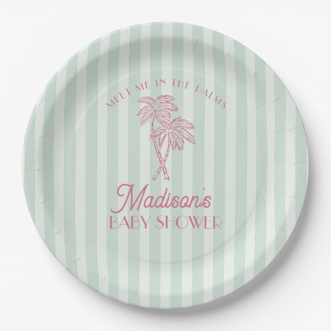 Green Palm Spring Pastel Beach Baby Shower Paper Plate (Front)