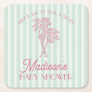 Green Palm Spring Pastel Beach Baby Shower Square Paper Coaster