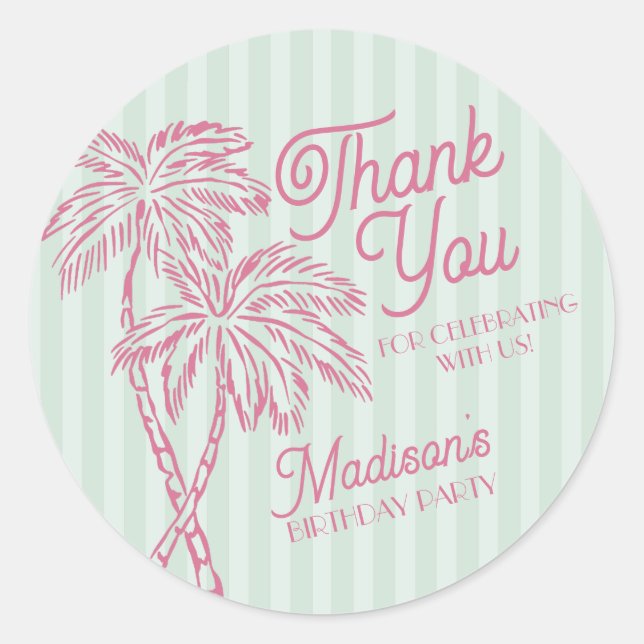 Green Palm Spring Pastel Beach Birthday Favour Classic Round Sticker (Front)