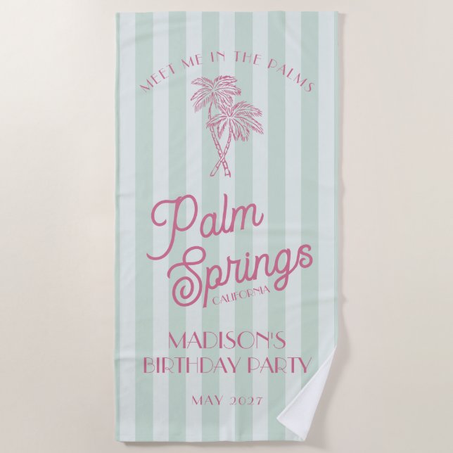 Green Palm Spring Pastel Beach Birthday Party Beach Towel (Front)