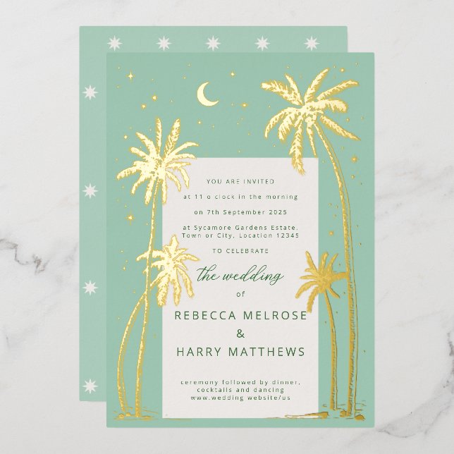 Green Palm Springs boho wedding Foil Invitation (Front/Back)