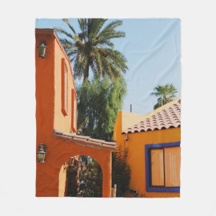 Green palm tree beside brown concrete building in fleece blanket