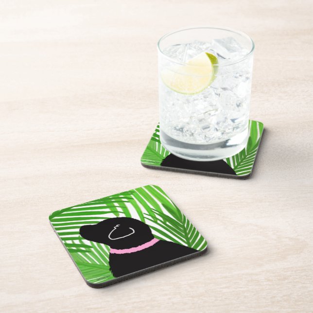 Green Palm Tree Island Black Dog Coaster Set (Right Side)