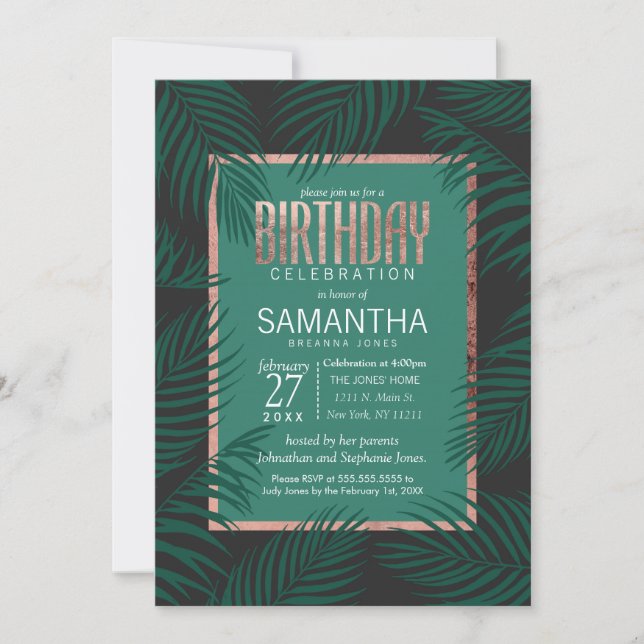 Green Palm Tree Leaves Black Rose Gold Birthday Invitation (Front)