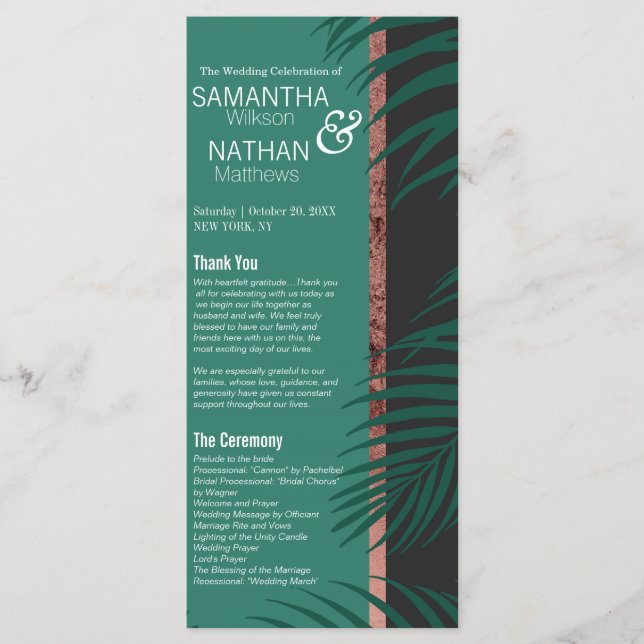 Green Palm Tree Leaves Black Rose Gold Wedding Program (Front)