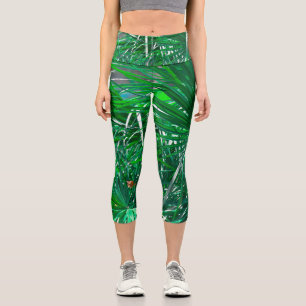 Green palm tree plant leaves pastel capri leggings