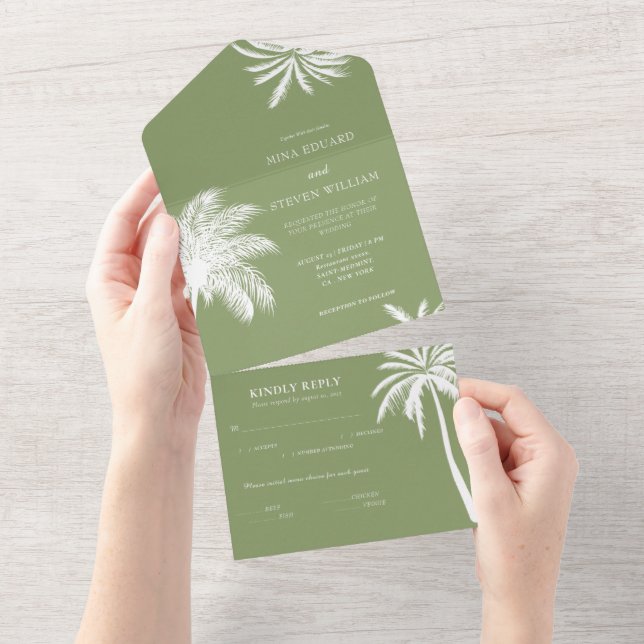 green palm tree tropical wedding  all in one invitation (Tearaway)